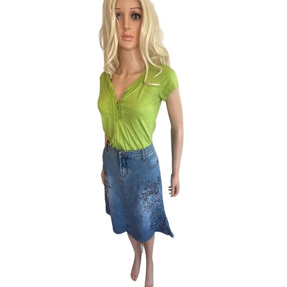 Mango Vintage Bead Applique Jean Skirt 33x25 5 pockets Cotton Stretch Medium - Picture 17 of 17